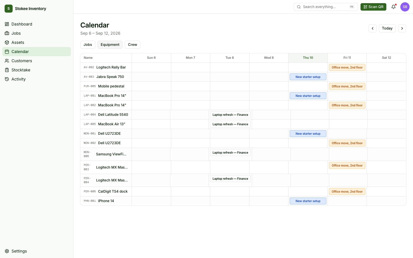 Stokee Inventory calendar in equipment view: one row per asset across a week, with bookings such as 'Office move, 2nd floor', 'New starter setup' and 'Laptop refresh — Finance'.