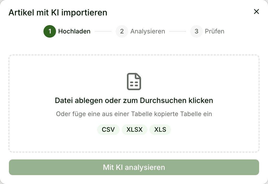 Stokee-Inventory-Dialog „Artikel mit KI importieren