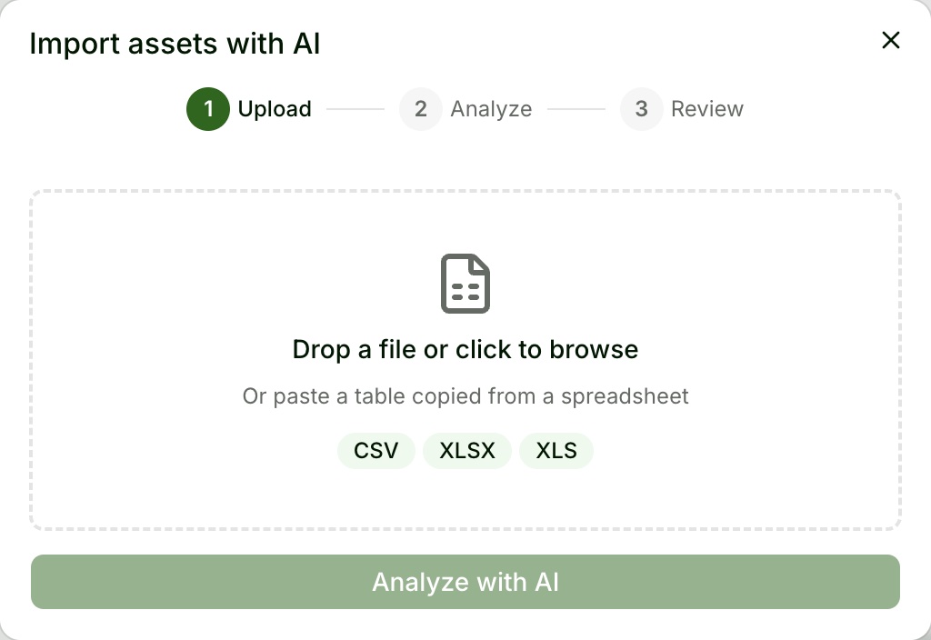 Stokee Inventory 'Import assets with AI' dialog, step 1 of 3: drop a CSV, XLSX or XLS file, or paste a table copied from a spreadsheet, then analyse with AI.