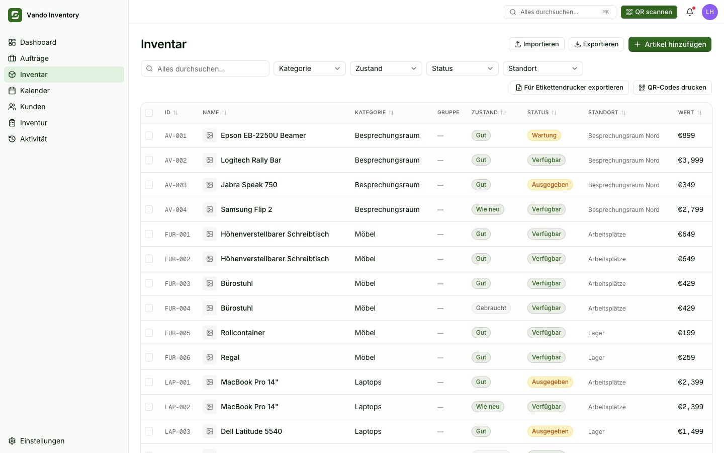 Vando Inventory — Vando Inventory — das Register für Equipment, das rausgeht und zurückkommt